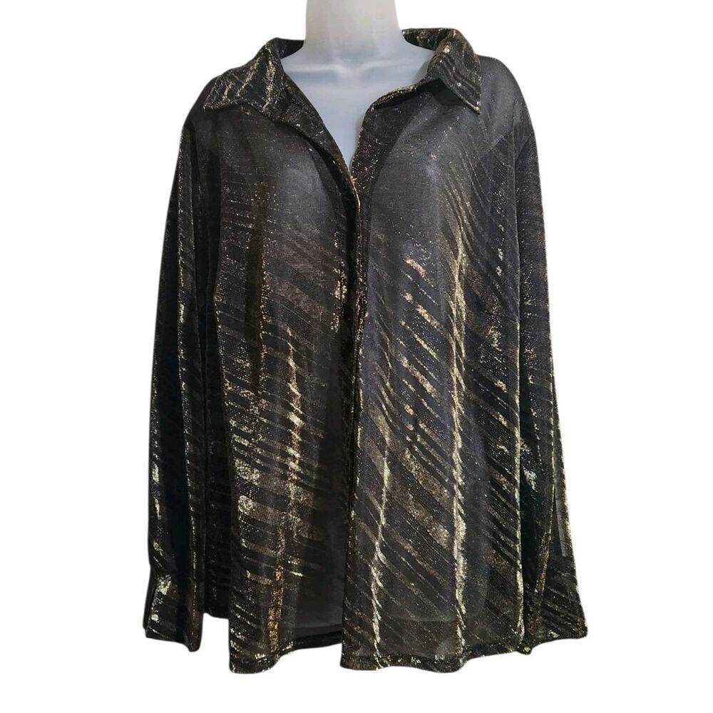 Venezia Jeans 22/24 Blouse Black Gold Long Sleeve NEW Button Down Vintage Sheer